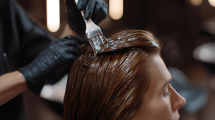 Naklejka premium Professional Hands Apply Hair Color with Brush to Brown Haired Person, Focusing on Roots for a Transformation and Fresh Look in a Salon Setting