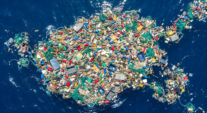 Aerial View of a Massive Garbage Patch with Plastic Waste and Fishing Nets Floating in the Open Ocean