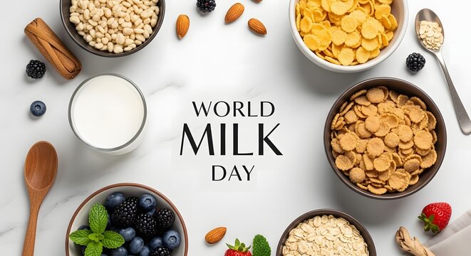 World milk day flatlay with cereal berries and nuts