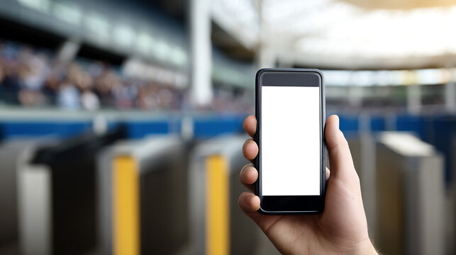 Modern smartphone held in hand with blank screen at stadium entrance turnstiles, ready for ticket scan, digital access, event entry, and mobile payment