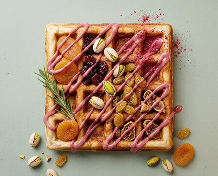 Open Belgian waffle with dried fruits, pistachios and ruby chocolate drizzle on sage surface