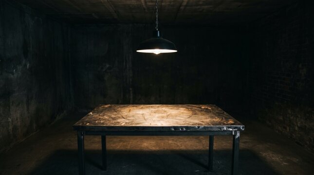 Industrial metal table illuminated by single hanging pendant lamp in dark concrete basement or warehouse room.