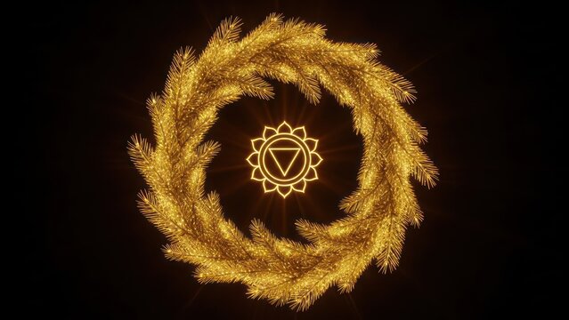 Radiant solar plexus chakra symbol within a lustrous golden wreath against darkness