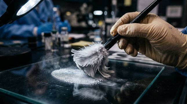 Forensic expert dusting fingerprint on glass surface under bright lab lights.