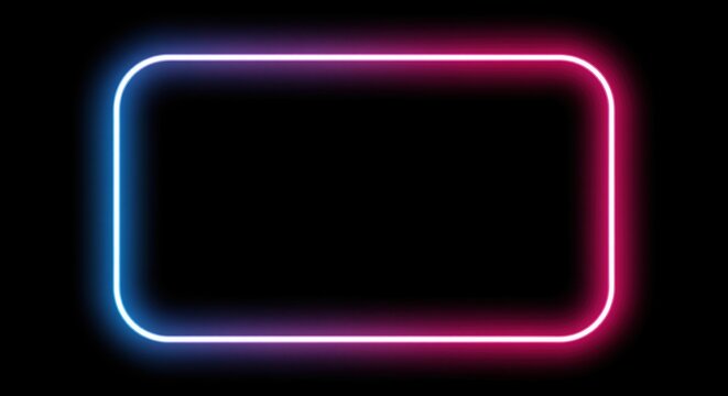 A glowing neon rectangle with rounded corners in bright blue and pink colors against a black background. The luminous frame creates a modern border perfect for tech designs and digital displays.