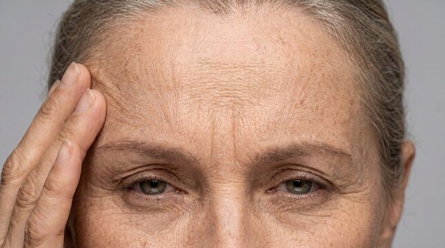 Collagen, anti-aging skin care and face injections concept.Macro woman face with wrinkles on the forehead isolated on a grey background. 