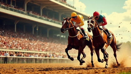 Obraz premium Two jockeys race horses on dirt track with crowd watching in stands. Thoroughbreds gallop fast, kicking up dust during competition. Spectators cheer loudly at this exciting sporting event.