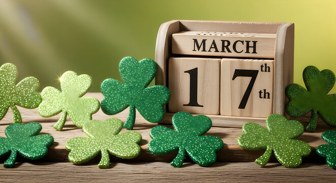 Green shamrock decorations with wooden calendar marking St Patricks Day date