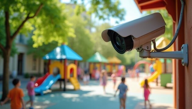 Surveillance camera watches kids on playground. Security system monitors children playing at park. Safety tech for childhood fun ensures protection.