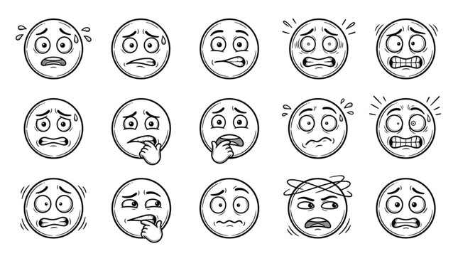 Collection of hand drawn cartoon faces showing fear and panic.