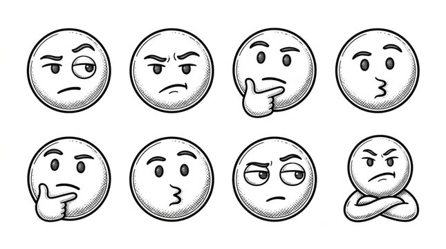 Collection of Hand Drawn Emoji Faces Expressing Various Emotions and Thoughts.