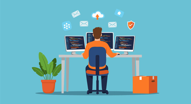 Cloud computing vector illustration of a programmer working on multiple computers in a modern office environment displaying data and security icons