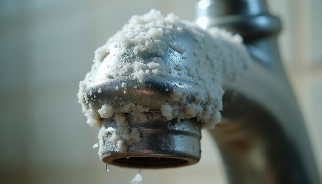 Old chrome faucet has severe limescale buildup. White mineral deposits cover tap spout, blocking water flow. Shows hygiene problems and need for cleaning.