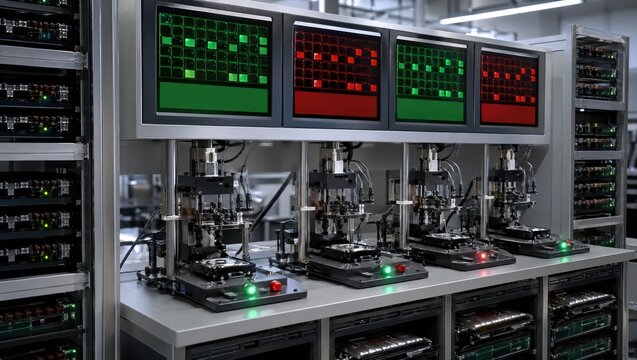 Medium shot of parallel testing station for HDD heads with racks full of components monitored by digital displays highlighting pass and fail results.