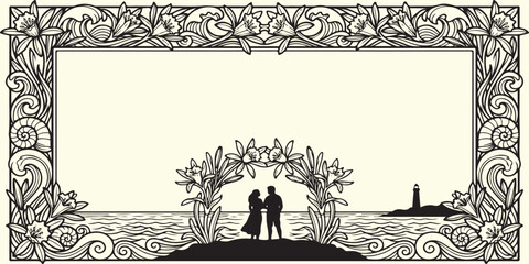 Vintage Romance by the Sea: A beautifully illustrated vintage design captures a romantic moment. A couple stands embraced beneath a floral archway, overlooking a serene seascape. This artwork. © Mr sTuDiO