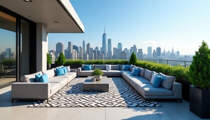Fototapeta premium Spacious modern rooftop terrace offers panoramic city views with comfortable sectional sofa seating, coffee table, rich plants. Ideal spot for urban relaxation, entertaining guests enjoying skyline