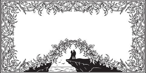 Eternal Embrace: A silhouette of a couple stands at the edge of a cliff, framed by an ornate arch of leaves and vines. Below them, a tranquil ocean stretches into the distance. © Mr sTuDiO