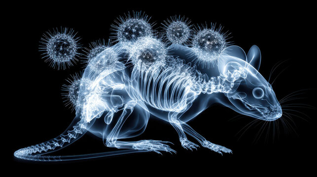 Xray of a mouse skeleton infected with virus particles, scientific research, disease transmission, medical illustration