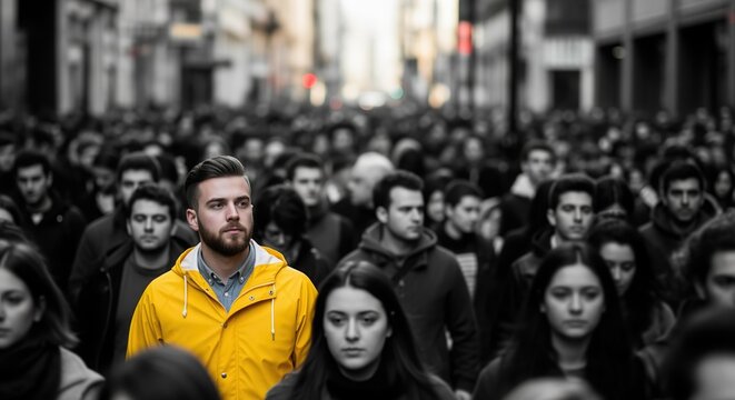 A man in a bright yellow jacket stands out among a crowd dressed in black and white on a city street. Perfect for concepts about uniqueness, individuality, or standing out from the crowd.
