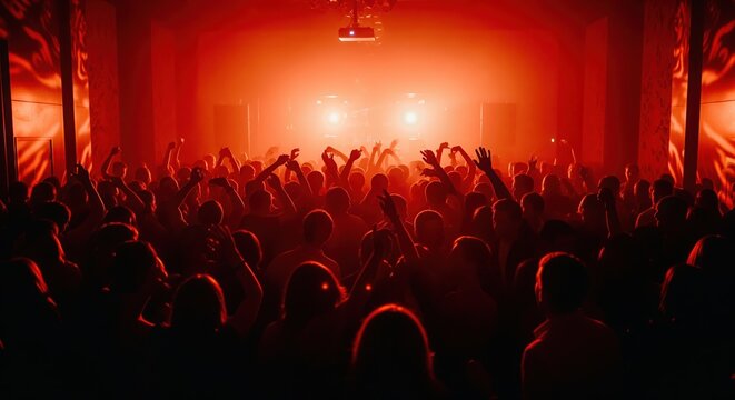 A large crowd with raised hands dancing at a concert. The stage glows with vibrant red and orange lighting, creating an energetic atmosphere that captures the excitement of live music.
