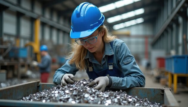 Woman worker in hard hat and safety glasses examines metal scrap. She sorts materials in industrial recycling plant. Another man works in background.