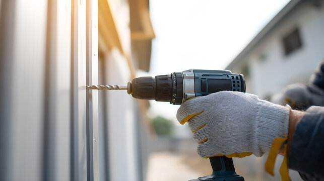Close-up of a worker's gloved hand operating a power drill, bore a hole in a metal surface during construction, renovation, or home repair project