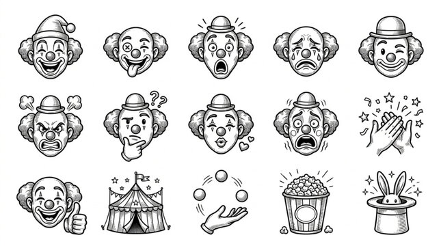 Collection of Cartoon Clown Faces and Circus Elements.