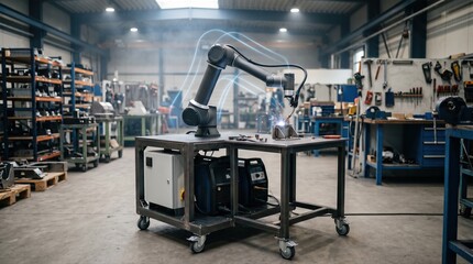 Fototapeta premium Medium shot of a compact collaborative welding cell featuring a mobile base showcasing flexible robot movement and enhanced workspace adaptability for smallscale manufacturing.