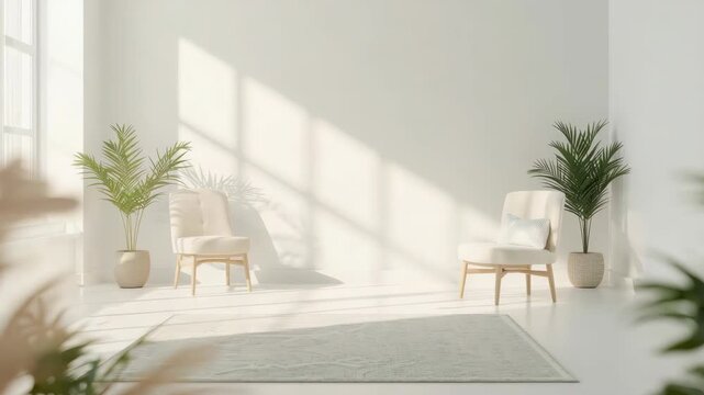 Sunlit minimal living room with two lounge armchairs potted palm indoor plant soft shadows creating