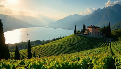 Obraz premium Italian vineyard estate overlooks vast lake Garda. Green terraced slopes with grape vines lead to waters edge. Mountains rise beyond tranquil lake scene.