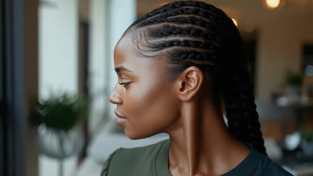 Young woman braided hair profile portrait thoughtful indoor serene calm cozy peaceful eyes closed