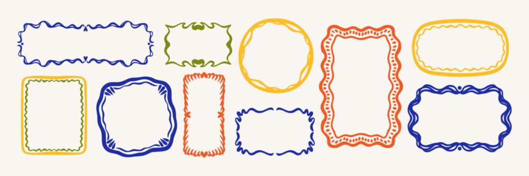 Colorful hand drawn tropical frame set with decorative stamp borders. Doodle retro naive simple design. Vector illustration.