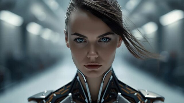 Futuristic female cyborg portrait with intense blue eye windblown hair serene expression soft