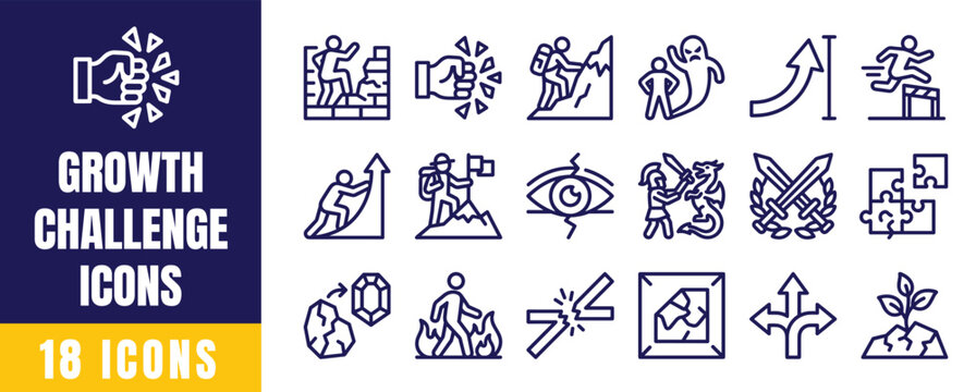 Growth Challenge Icons Set &ndash; 18 Line Icons for Personal Development, Obstacles, Ambition, and Business Goals