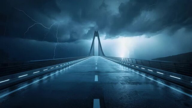 Stormy bridge at night with lightning illuminating wet road and dramatic clouds and mood