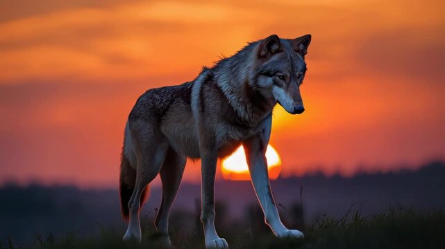 Wolf walking grassy hill sunset with gray wolf standing grass sunset with orange sky silhouette