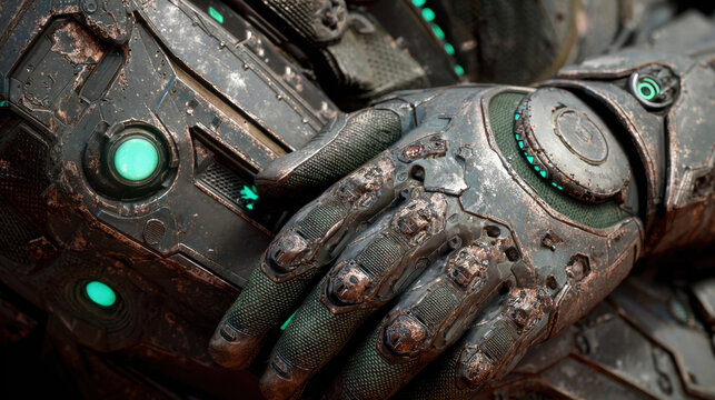 Futuristic armored astronaut glove with glowing green technology and battle-worn textures