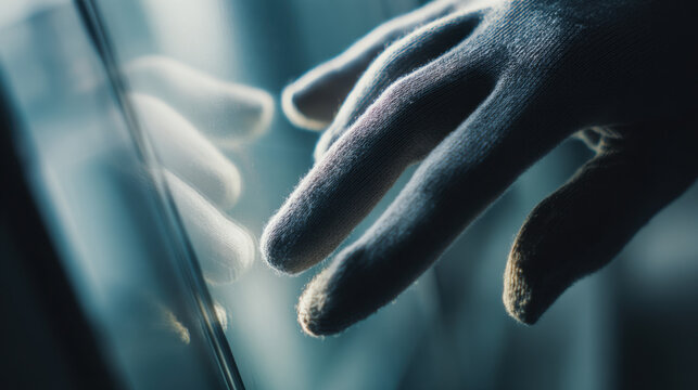 Close-up of gloved fingers interacting with reflective glass surface in cool blue lighting