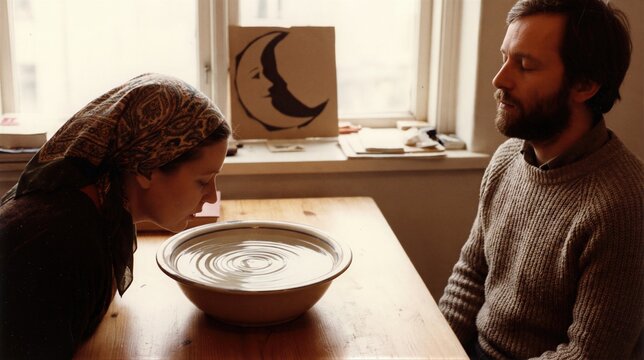Woman and man performing hypnosis session by looking at water bowl. Psychological influence and mind control experiment. Occult ritual, abstract perception, psychic interaction concept.