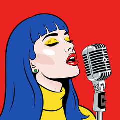 Vibrant Pop Art Vector Illustration of a Woman with Blue Hair Singing into a Vintage Microphone, Expressive and Energetic © Purnomo