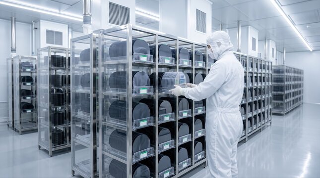 Medium shot of an ISO5 cleanroom wafer storage area showing precise organization of wafer carriers under stringent contamination control.