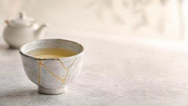 Elegant tea cup with warm tea on gray stone surface with teapot  