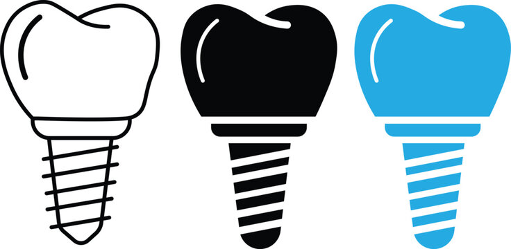 Minimalist dental implant icon set with tooth crown and screw for dentistry branding