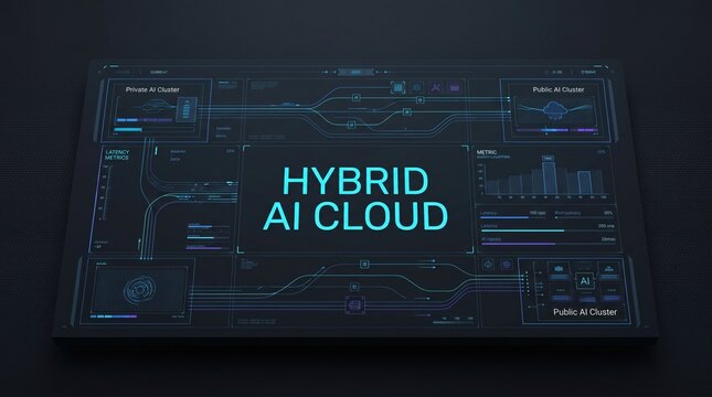 Hybrid Artificial Intelligence Cloud System Interface with Futuristic Digital Network and Data Analysis Visualization