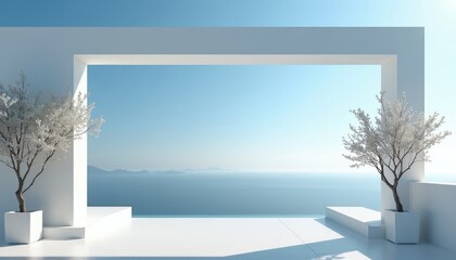 Naklejka premium Minimalist white terrace overlooks calm blue ocean horizon. Two potted trees frame serene seascape view. Clean architectural lines suggest tranquil coastal living.