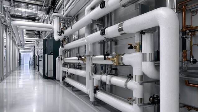 Medium shot of insulated piping in an energyefficient fab utilities corridor highlighting the sleek infrastructure designed for lowpower tool operation and heat recovery
