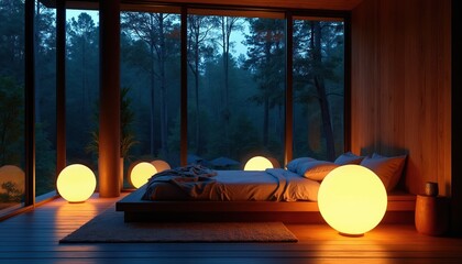 Fototapeta premium Modern bedroom at night with glowing orb lamps overlooks a dark forest through large glass windows. Wooden interior offers serene relaxation and comfortable sleep in nature.