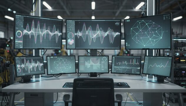 Medium shot of a hightech control room with multiple screens displaying realtime data on caustic alumina and impurity levels in a liquor circuit monitoring system.