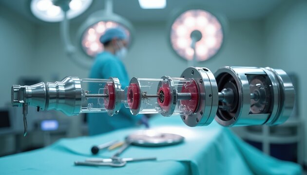 Exploded view of advanced medical device. Surgical instrument components show intricate engineering. Operating room setting with blurred surgeon in background, sterile equipment.