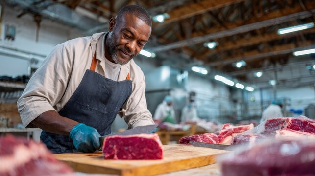 Butcher cuts meat in a processing plant during busy working hours